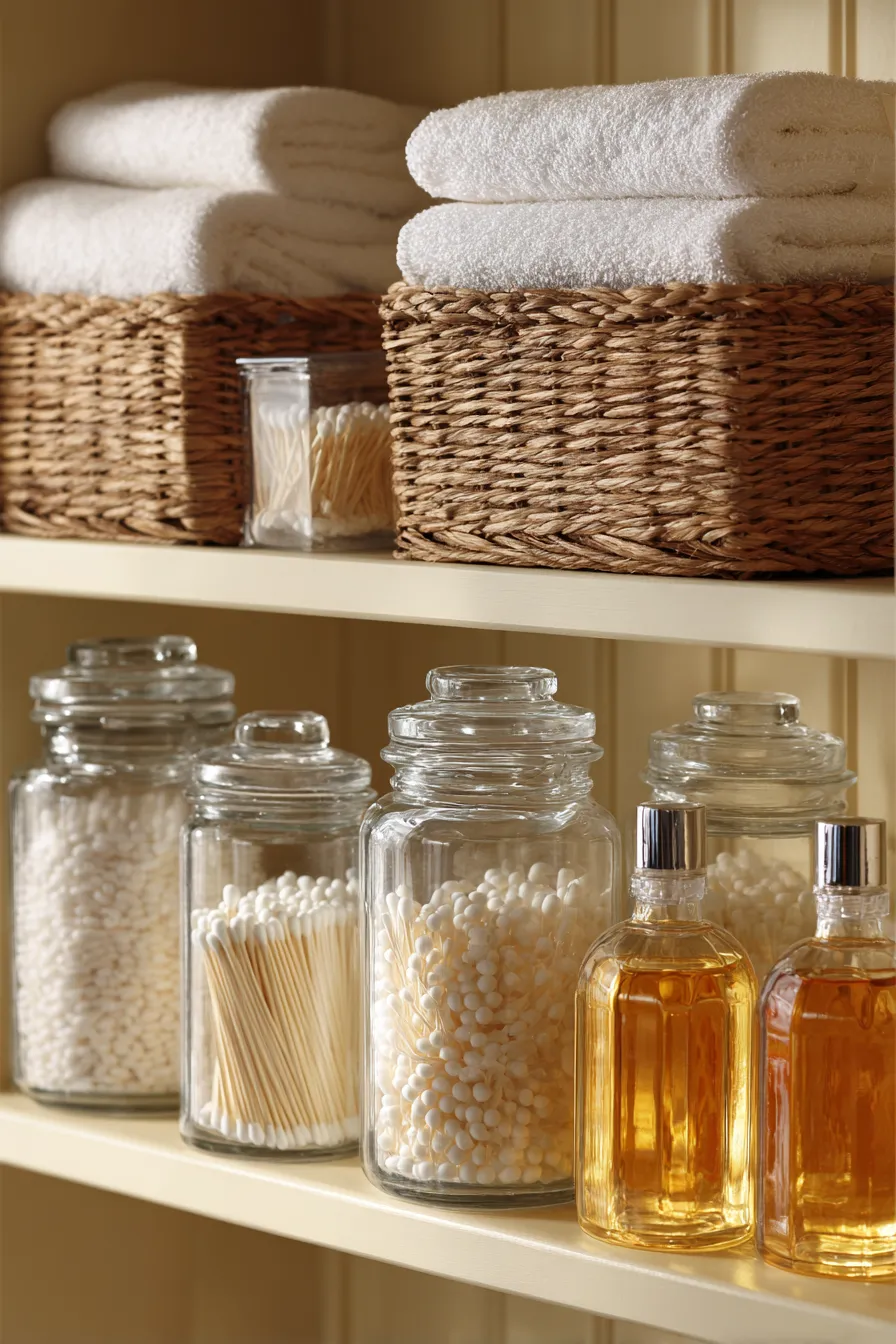 Organized shelf with towels and jars for bathroom essentials