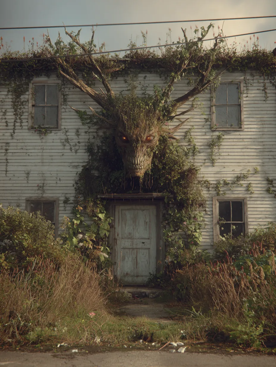 Old house with green plants and the face of a spirit on the facade