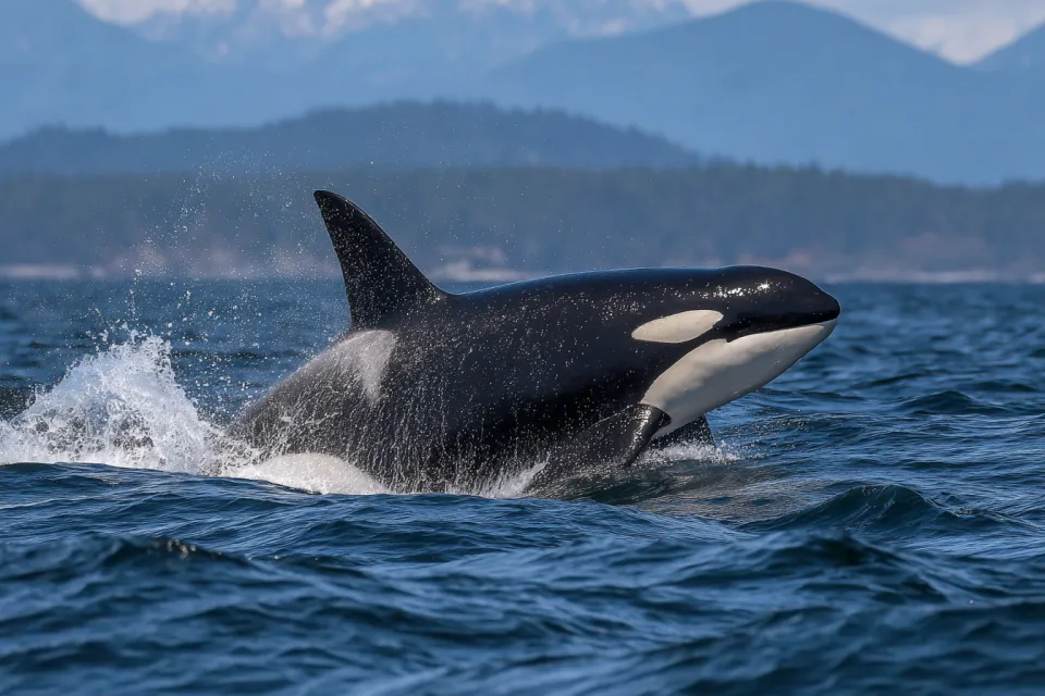 Orca saltando del agua con un paisaje montañoso de fondo