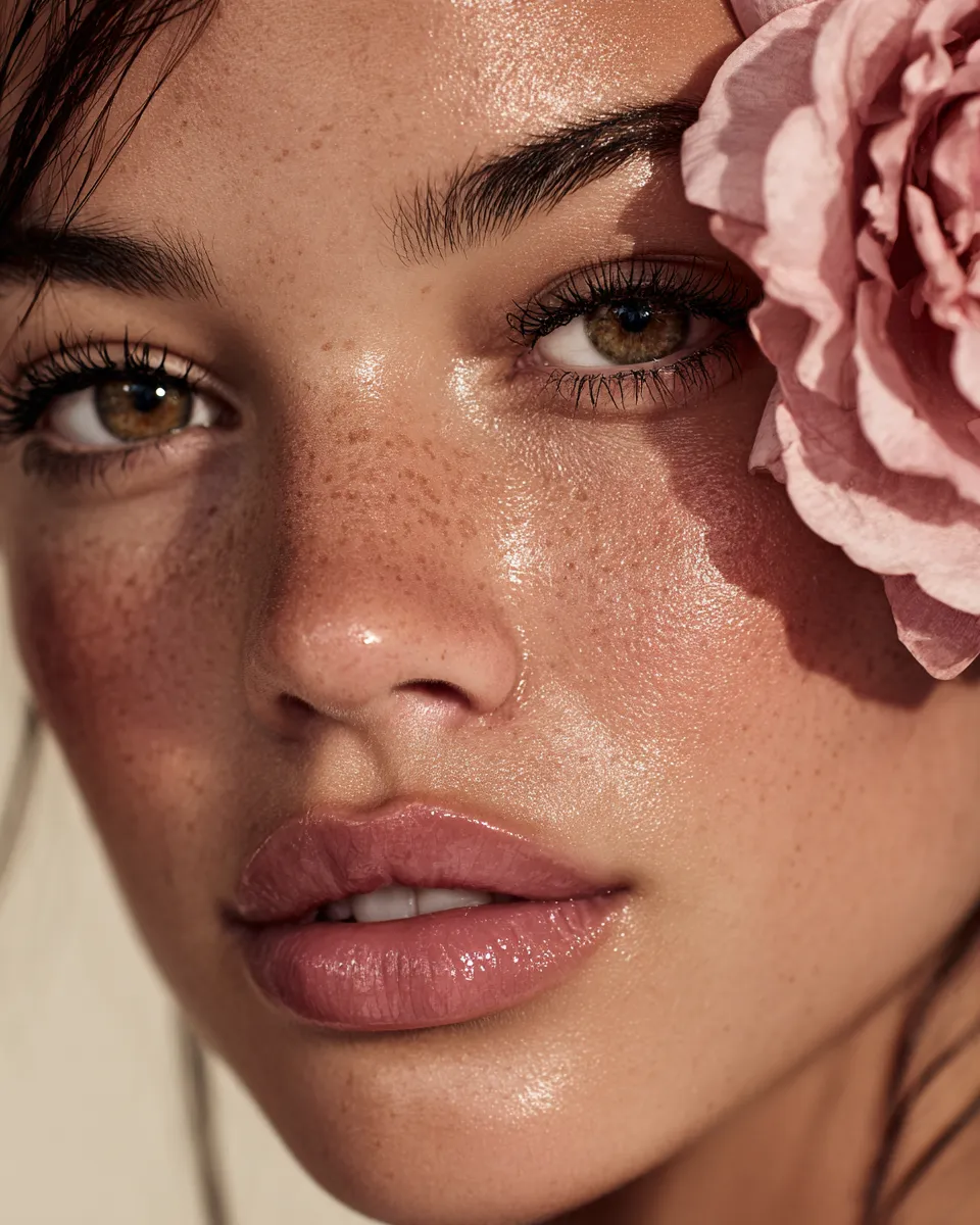 Close-up of a face with beautiful eyes and a flower