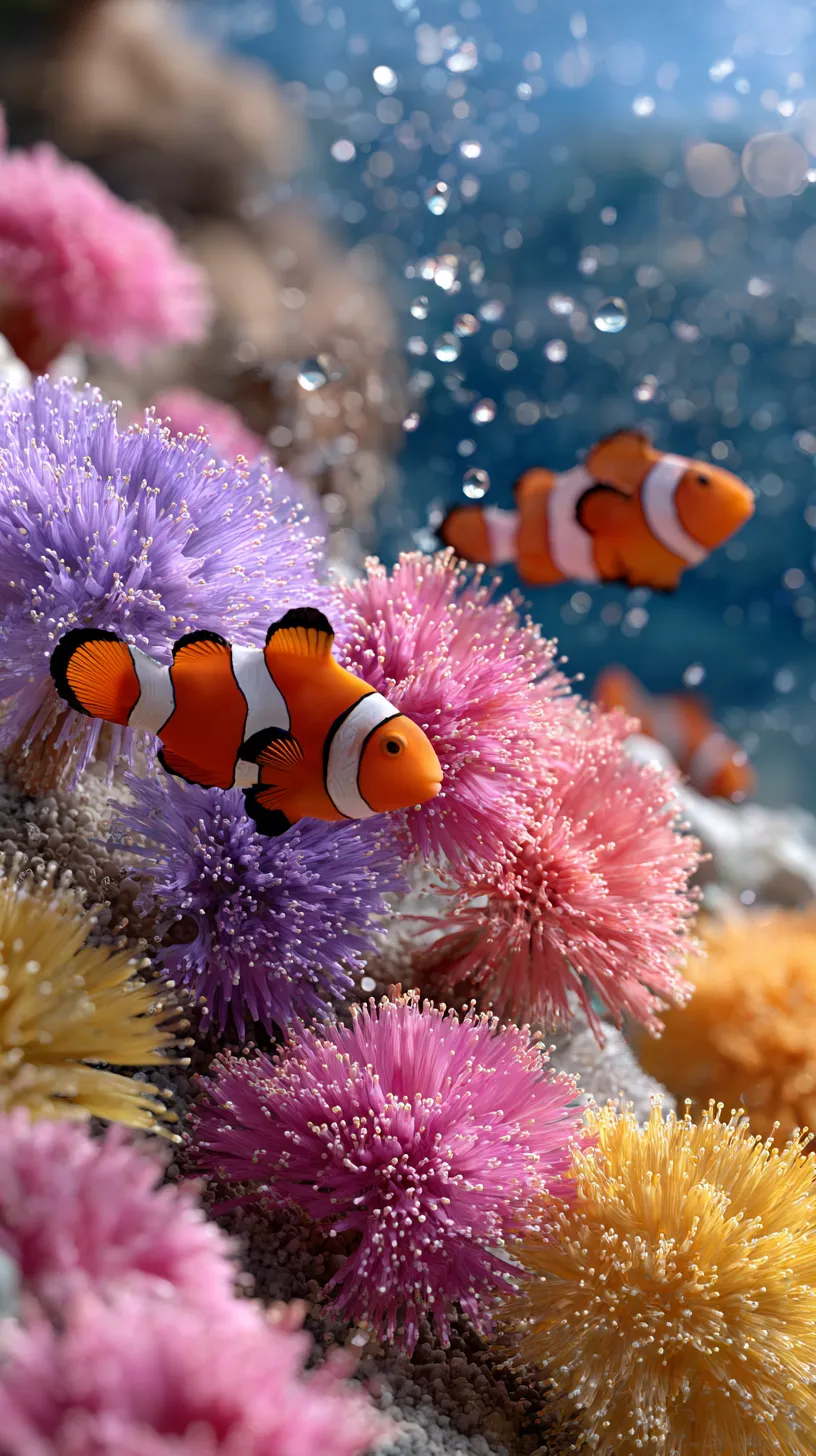 Two clownfish swim among colorful anemones on the ocean floor