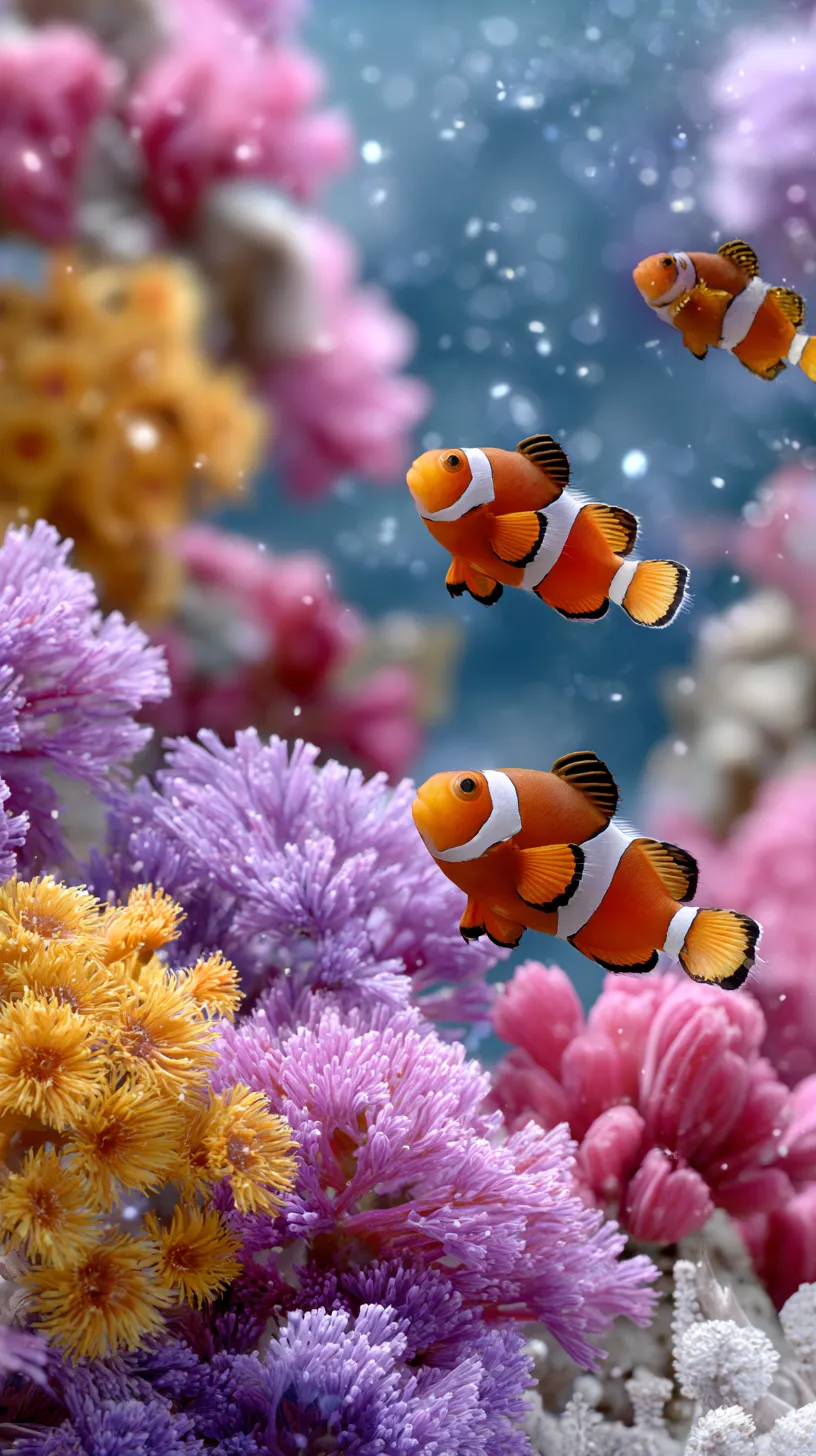 Tropical fish swim among colorful corals in the ocean