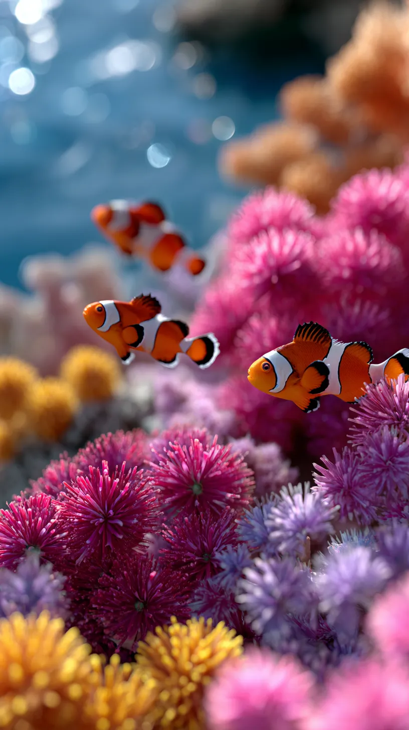Clownfish swimming among colorful corals in the underwater world