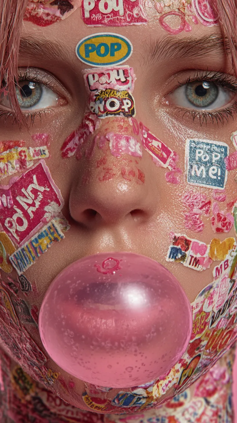 Retrato de una chica decorada con coloridas pegatinas y masticando chicle