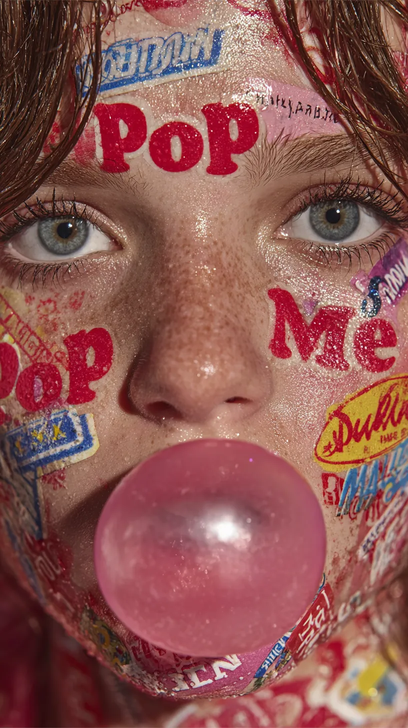 Retrato de una chica decorada con pegatinas y una burbuja de chicle