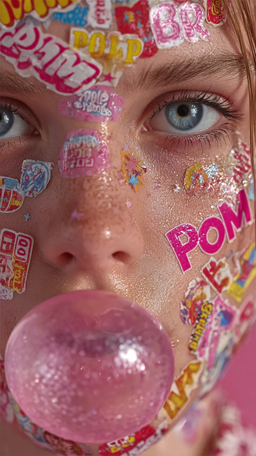 Retrato de una niña con pegatinas y chicle, creando un efecto vibrante