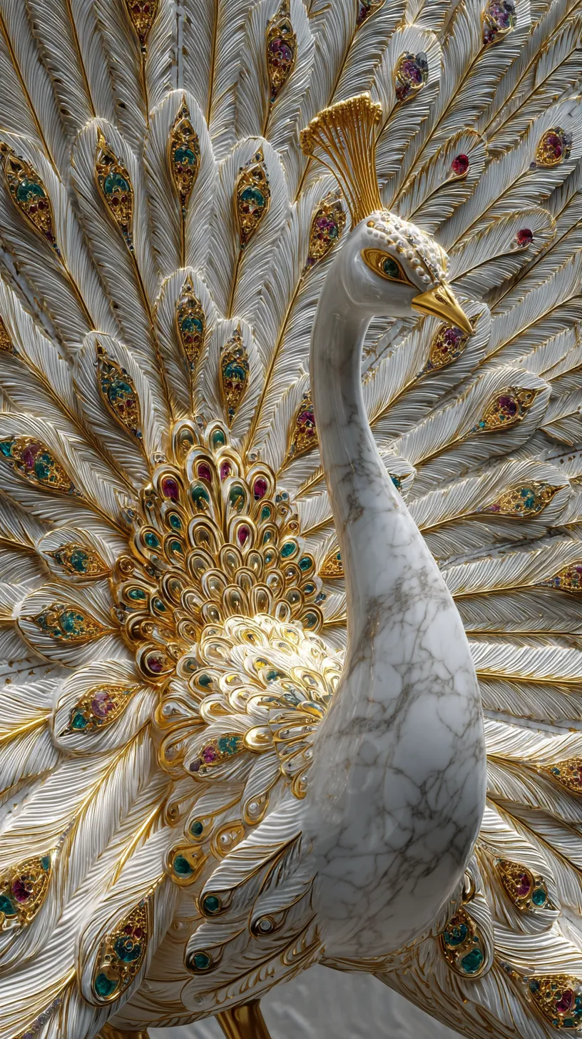 Elegante pavo real de mármol con incrustaciones de oro y piedras preciosas