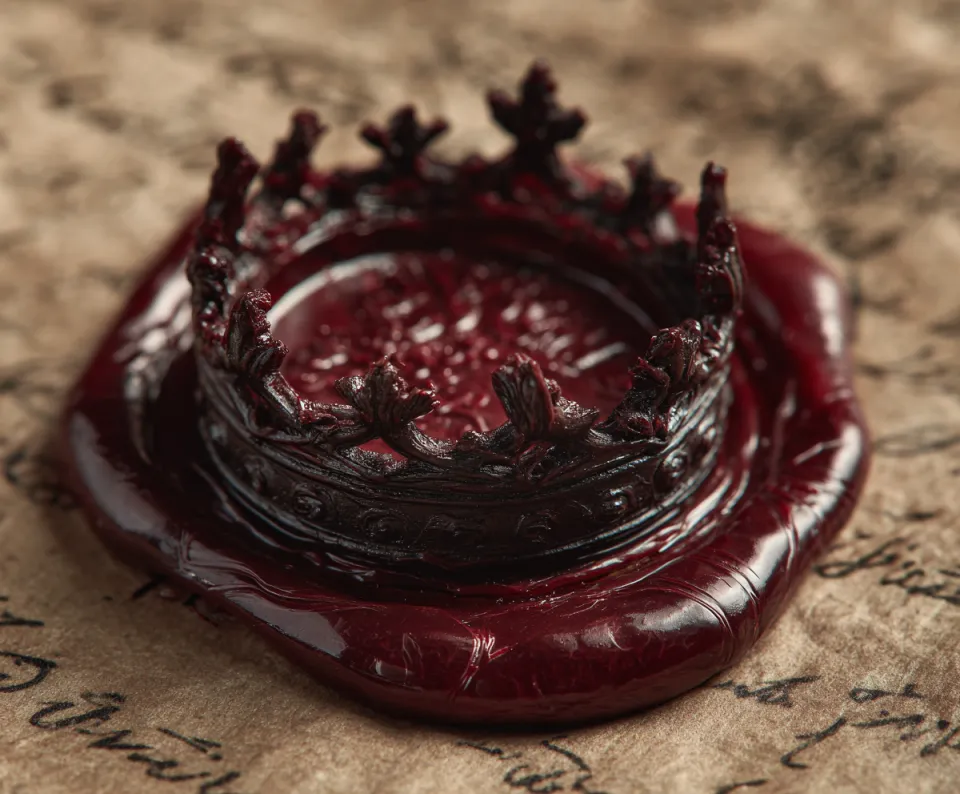 Detailed crown-shaped wax seal with red wax on vintage paper