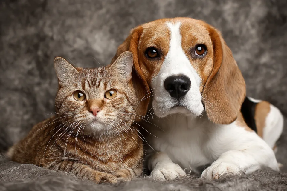 Dog and cat together on a gentle background