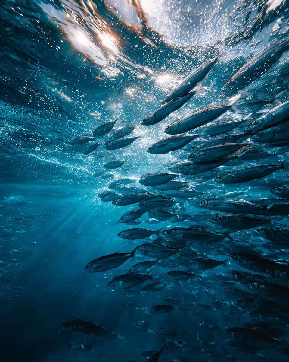 A school of fish swimming in a vibrant underwater environment with sun rays.