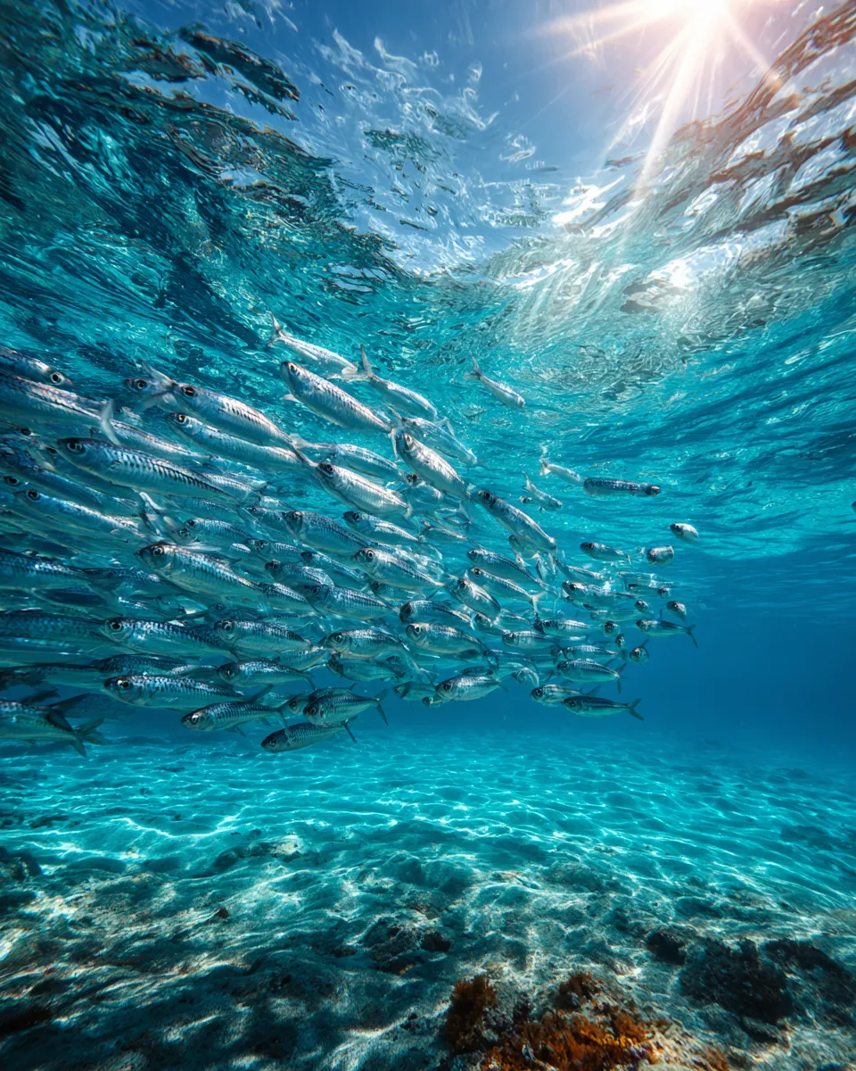 A school of fish swimming in transparent waters under the bright sun