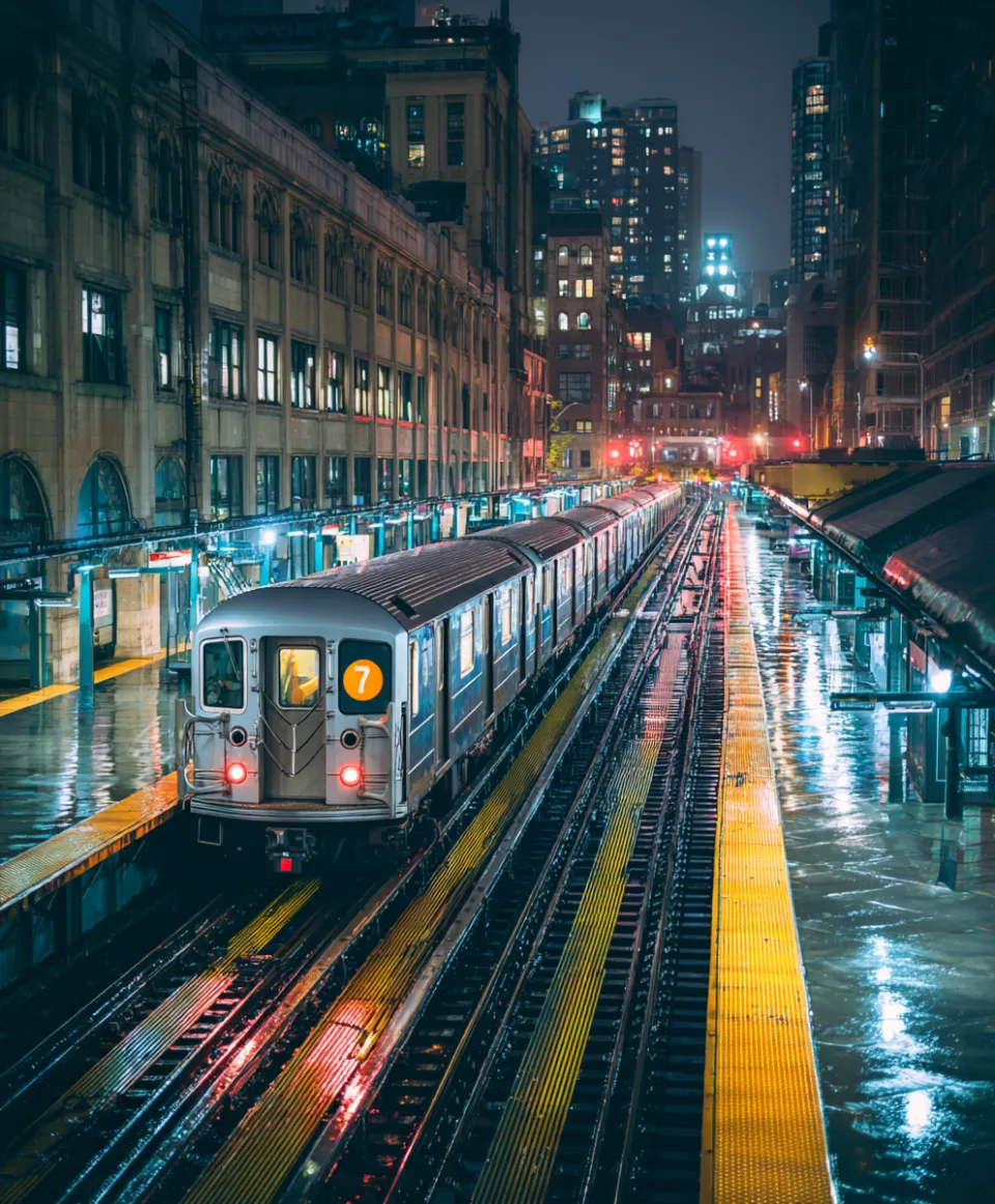 Tren de metro número 7 en la plataforma de la ciudad nocturna