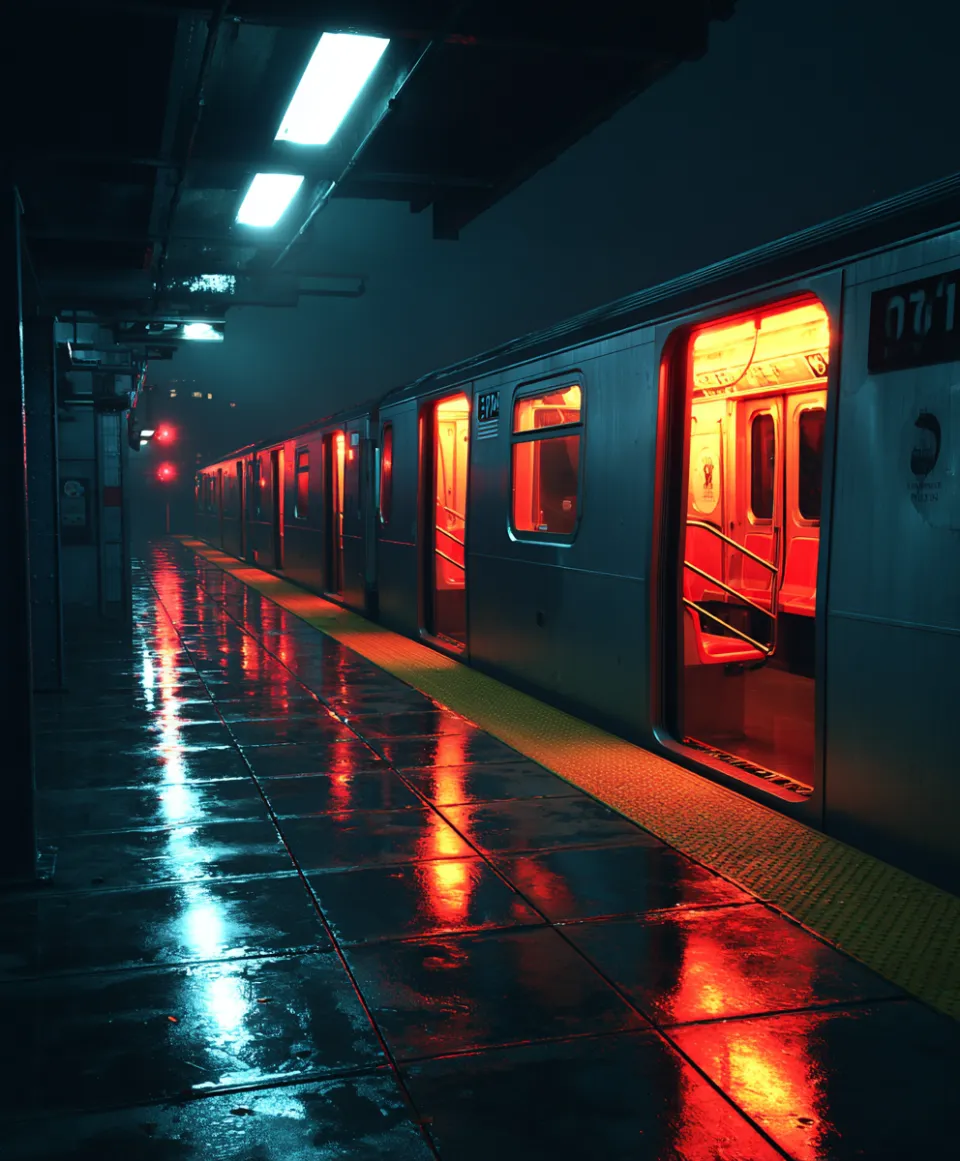 Estación de metro de noche con reflejos y una iluminación brillante