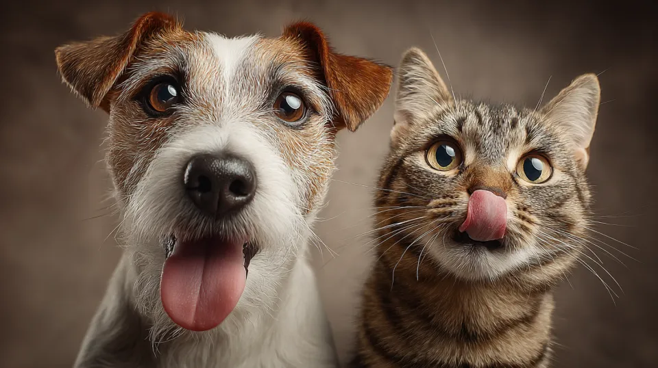 Retrato de un perro y un gato con lenguas afuera sobre un fondo neutro