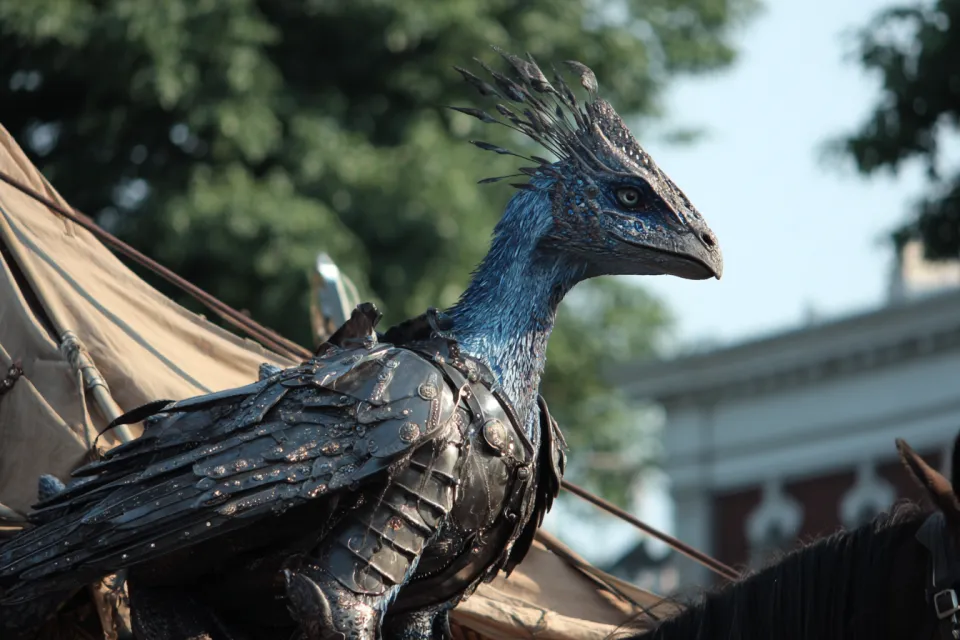 Fantastic being with metal feathers and bright coloration in armor