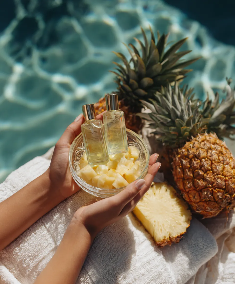 Dos botellas de aceites esenciales y piñas sobre un fondo de agua