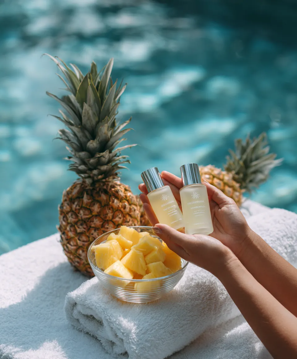 Image of refreshing pineapples and cosmetic products by the pool