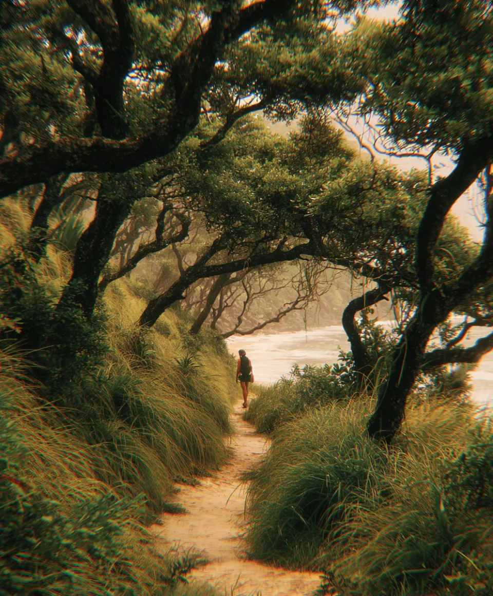 A person walking on a sandy path among trees and grass against the backdrop of the ocean