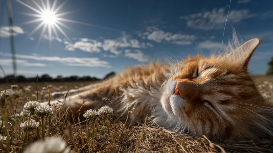 An orange cat lying in a meadow among flowers under the bright sun