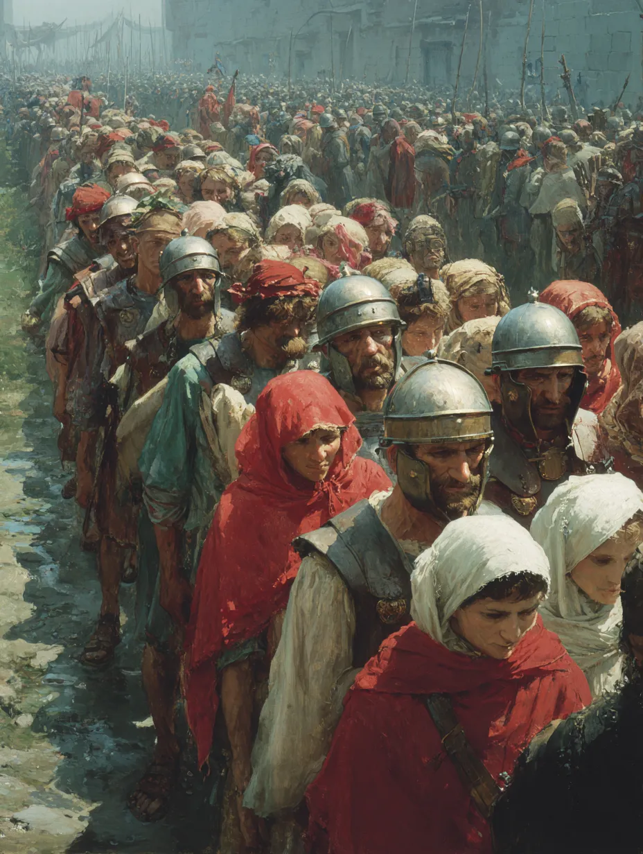 Scene depicting Roman soldiers and captured prisoners in a historical context