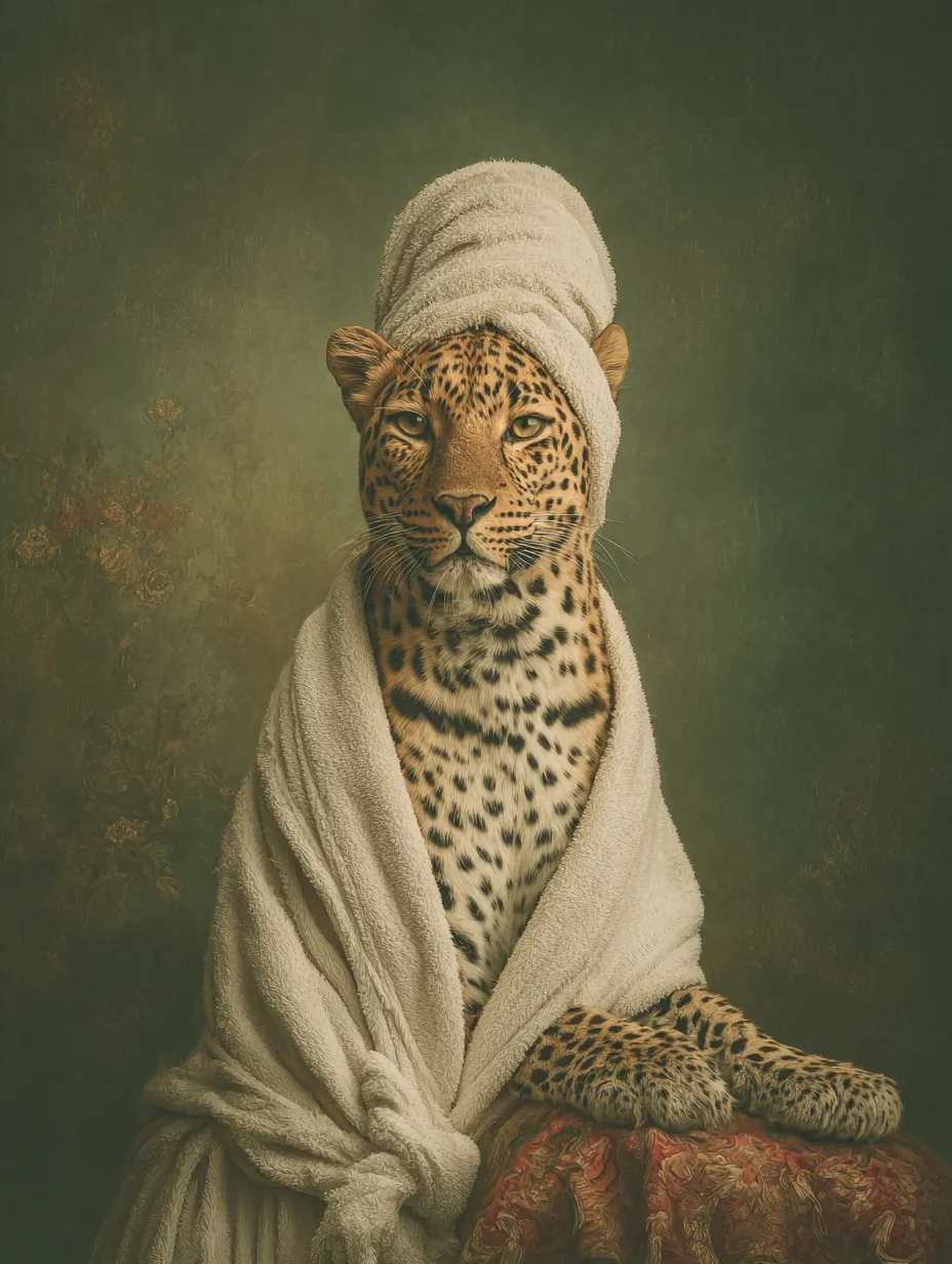 Leopard in a white bathrobe and towel on its head against a dark wall
