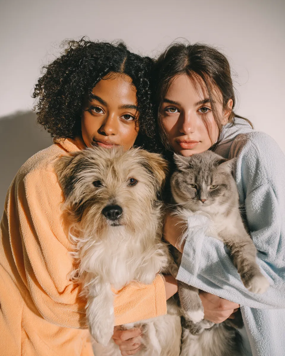 Two girls holding a dog and a cat, dressed in bathrobes