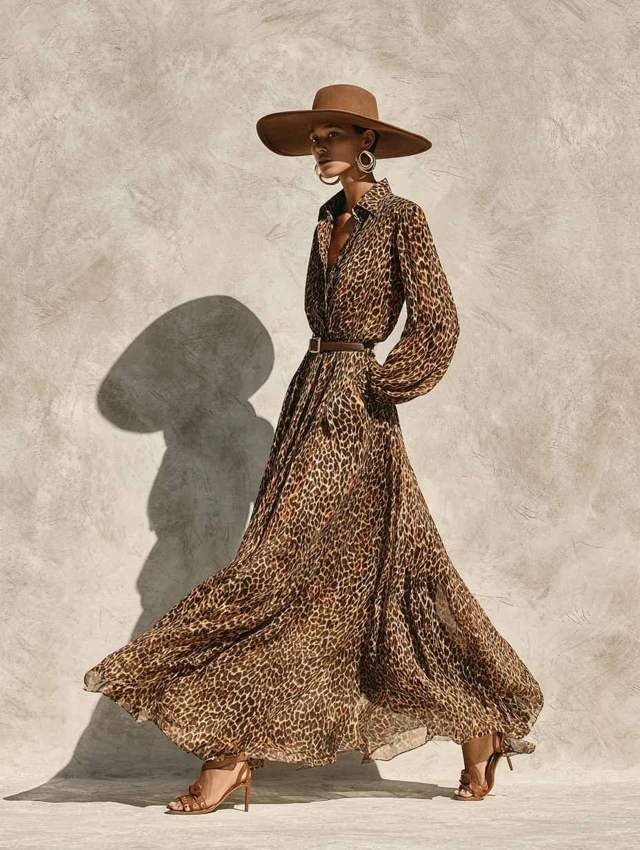 Elegante vestido largo con un brillante diseño de leopardo en la modelo
