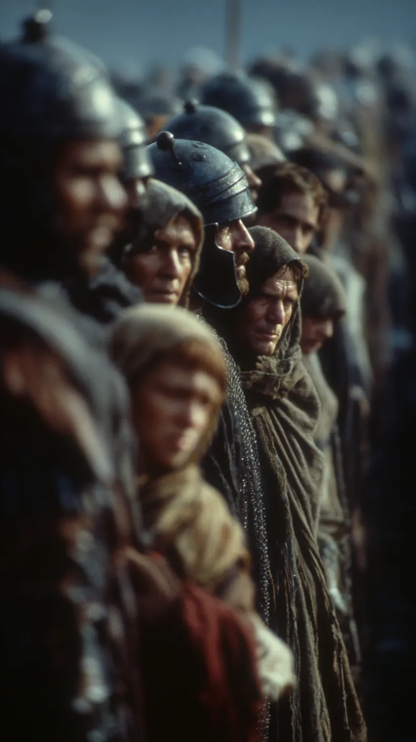 A group of soldiers and men in ancient clothing in the background