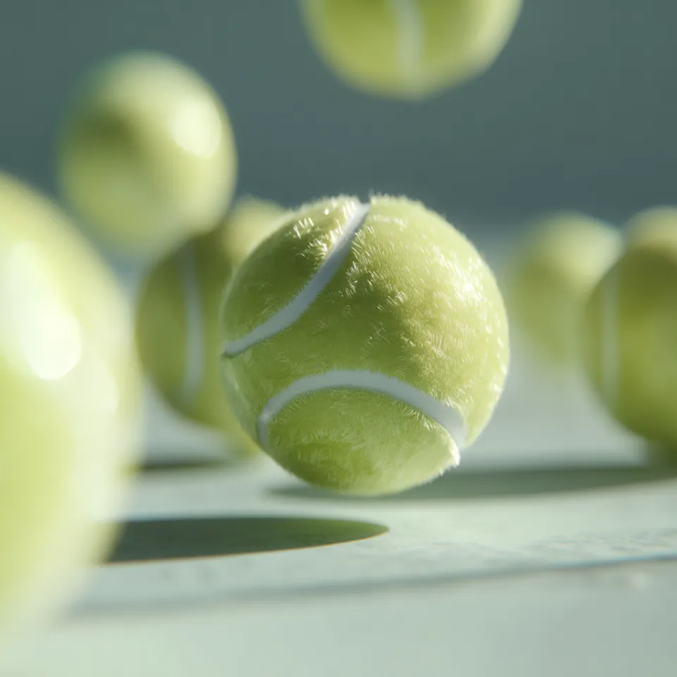 Some tennis balls are floating in the air against a background of blurred shadows