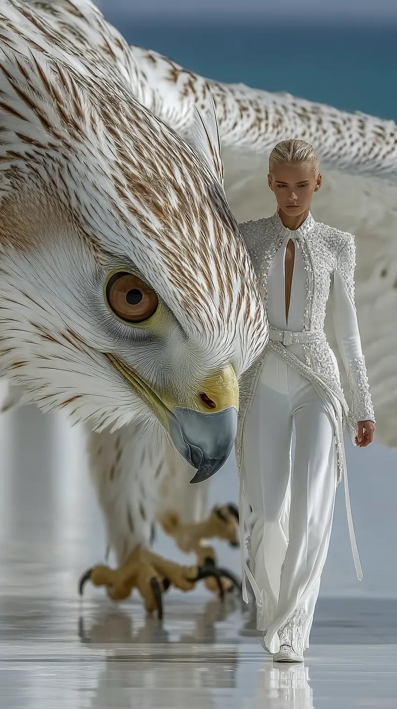 Escena épica con modelo en blanco y un águila gigante de fondo