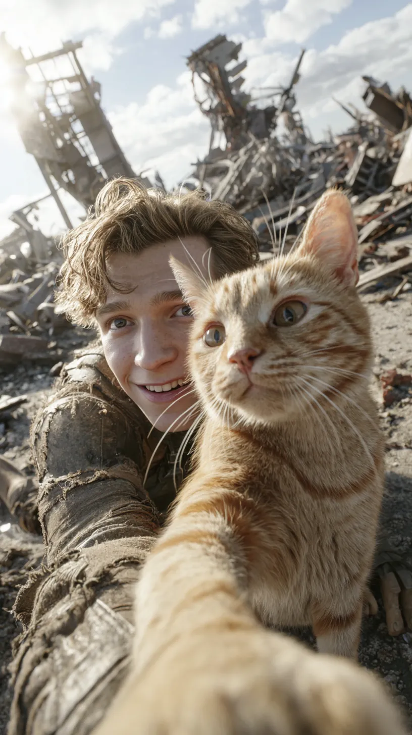 A young man with an orange cat against the backdrop of destroyed buildings