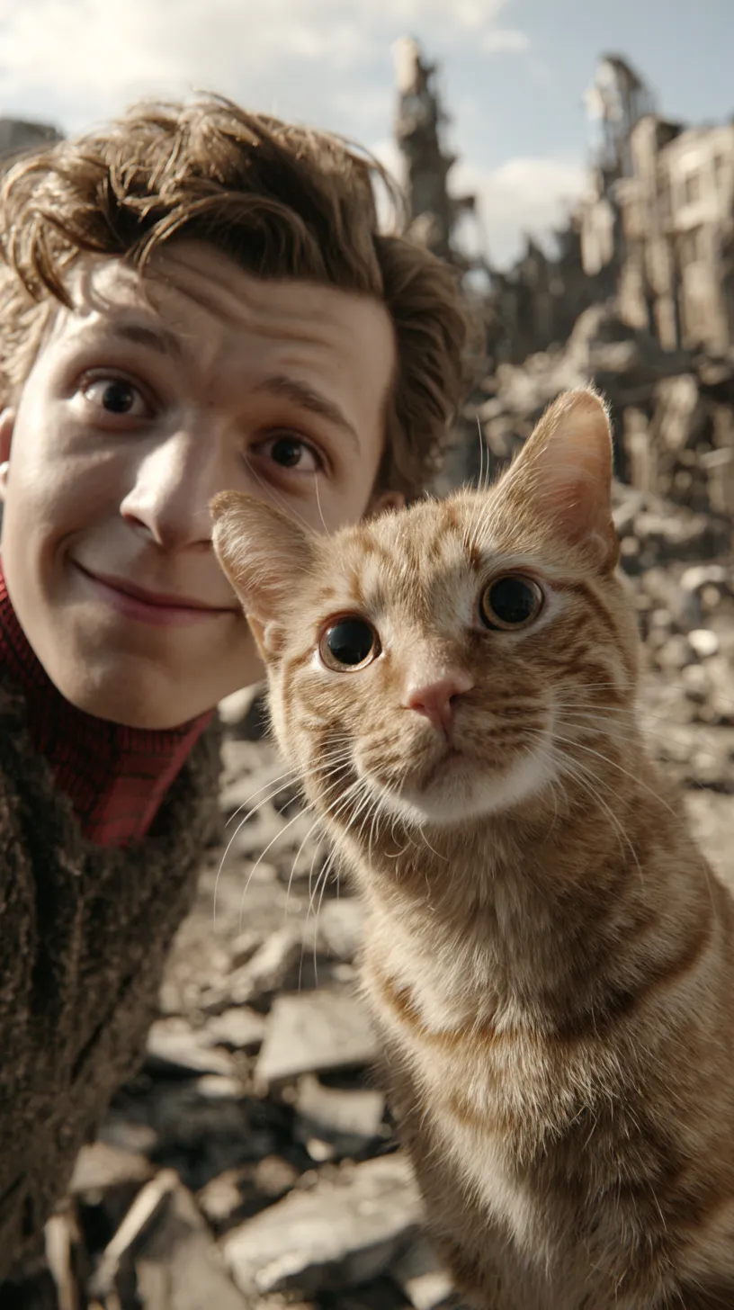 Photo of a young man with an orange cat among the ruins