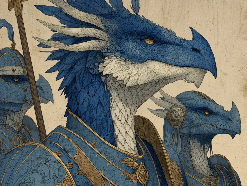 Imagen de dragones en armadura militar sobre fondo de pergamino antiguo