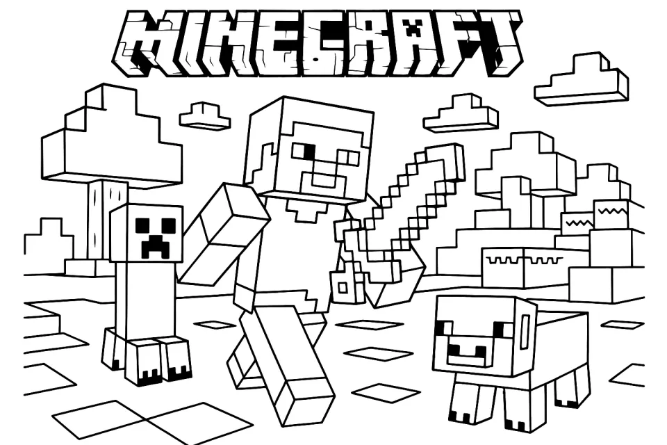 Black and white coloring page of a Minecraft character with a creeper and a sheep
