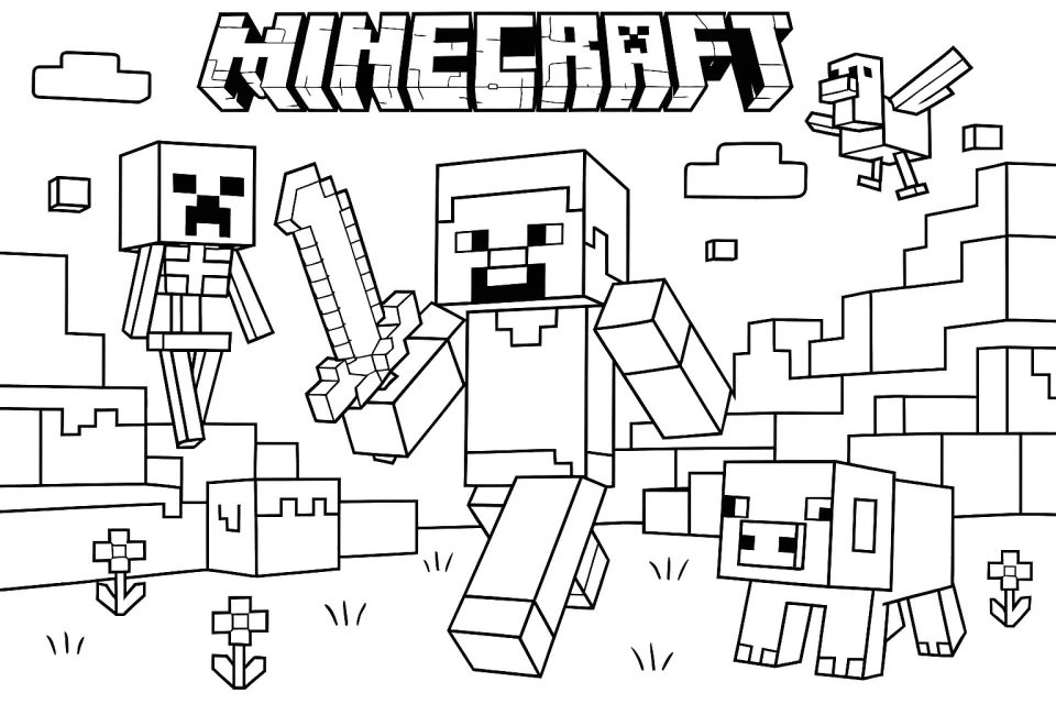 Heroes of Minecraft Game in Black and White Coloring Page