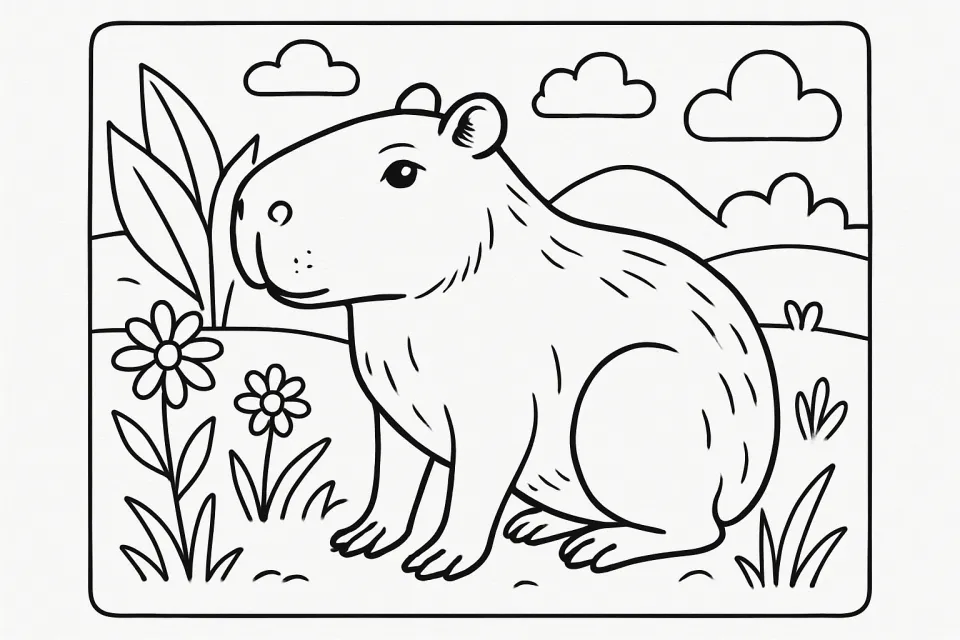 Capybara sitting against a backdrop of flowers and clouds