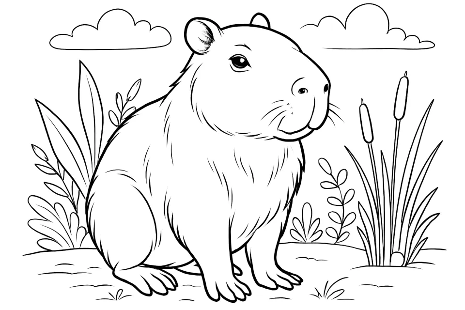 Black and white outline drawing of a guinea pig surrounded by grass and plants