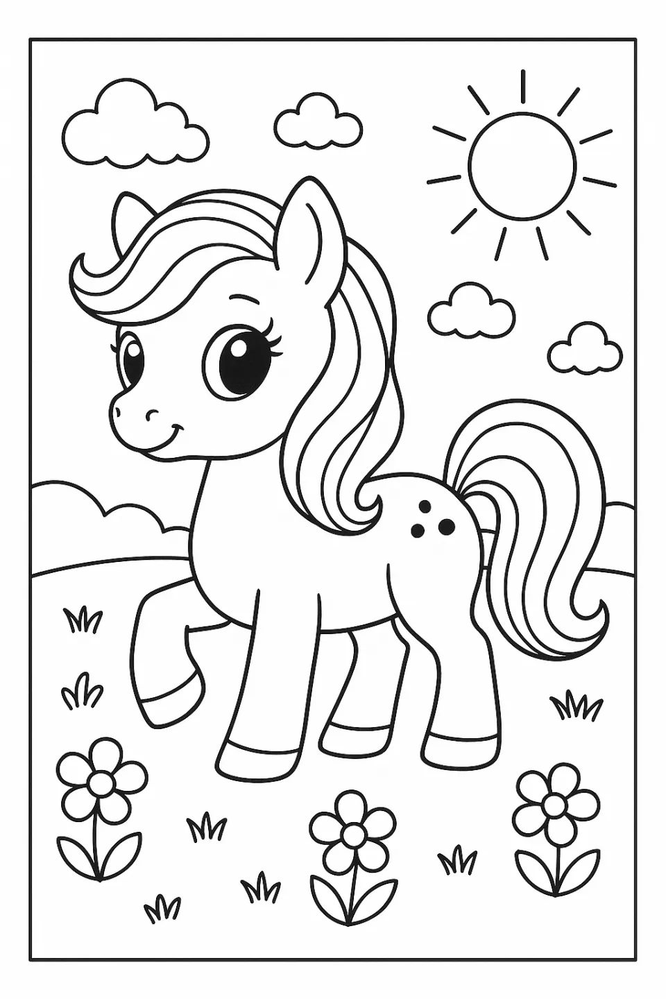 Coloring page featuring a pony, clouds, and the sun
