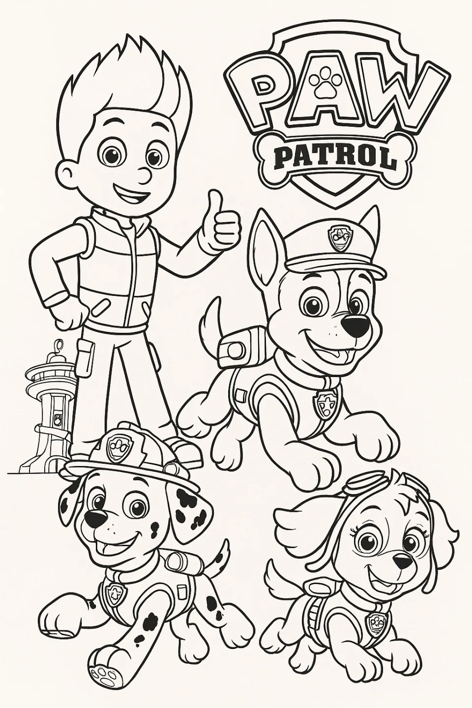 Image of a coloring page with puppies and Ryder from Paw Patrol