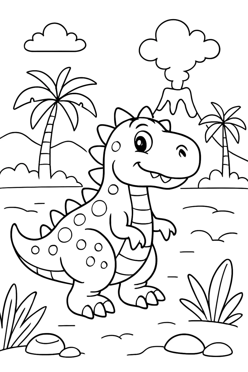Charming dinosaur in a tropical landscape with a volcano and vegetation