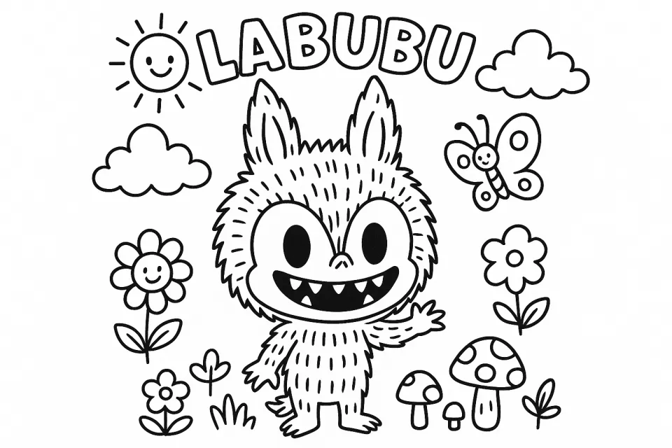 Picture of the Labubu character against a background of flowers and an insect