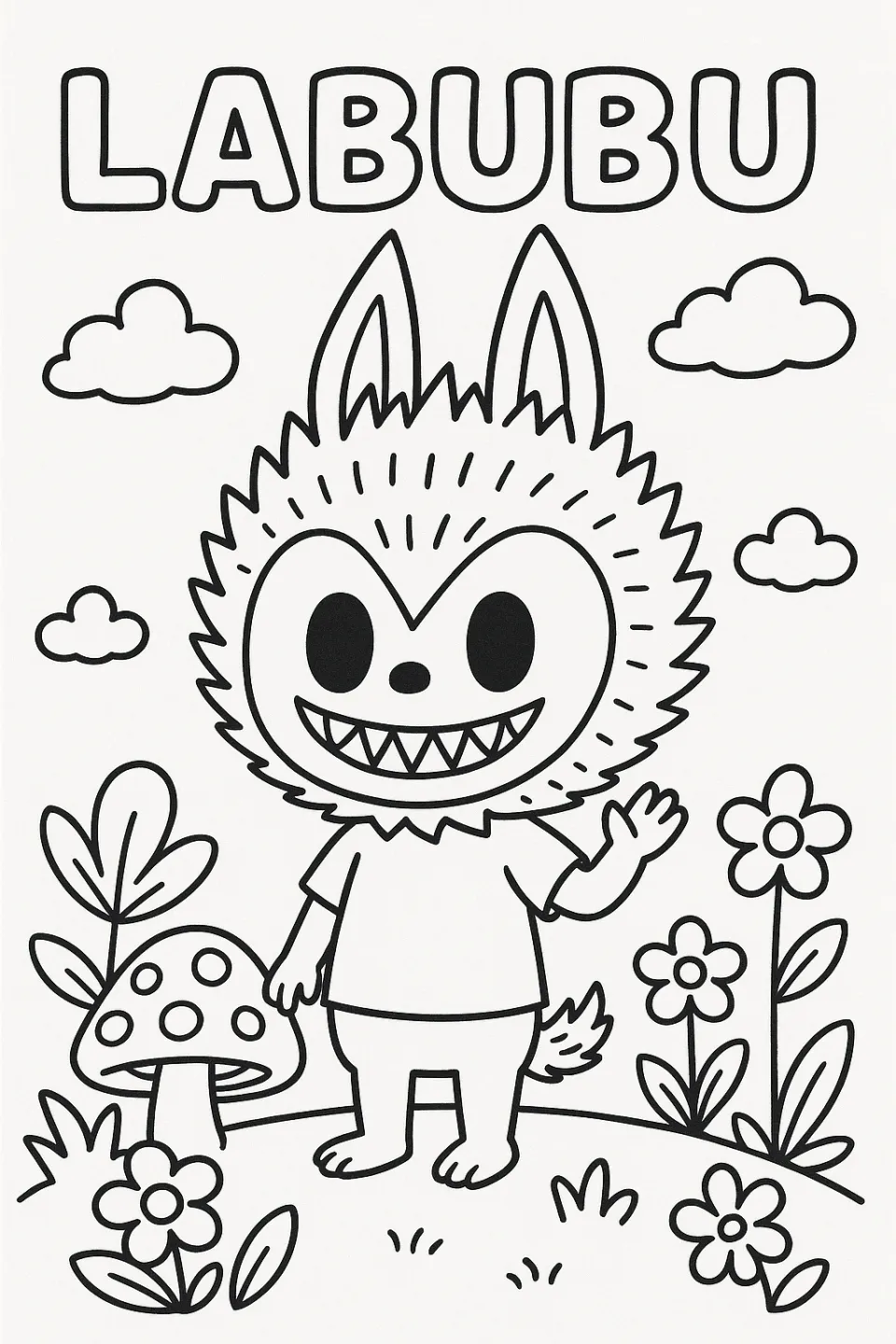 Character Labubu with big ears and a smile amidst flowers and mushrooms