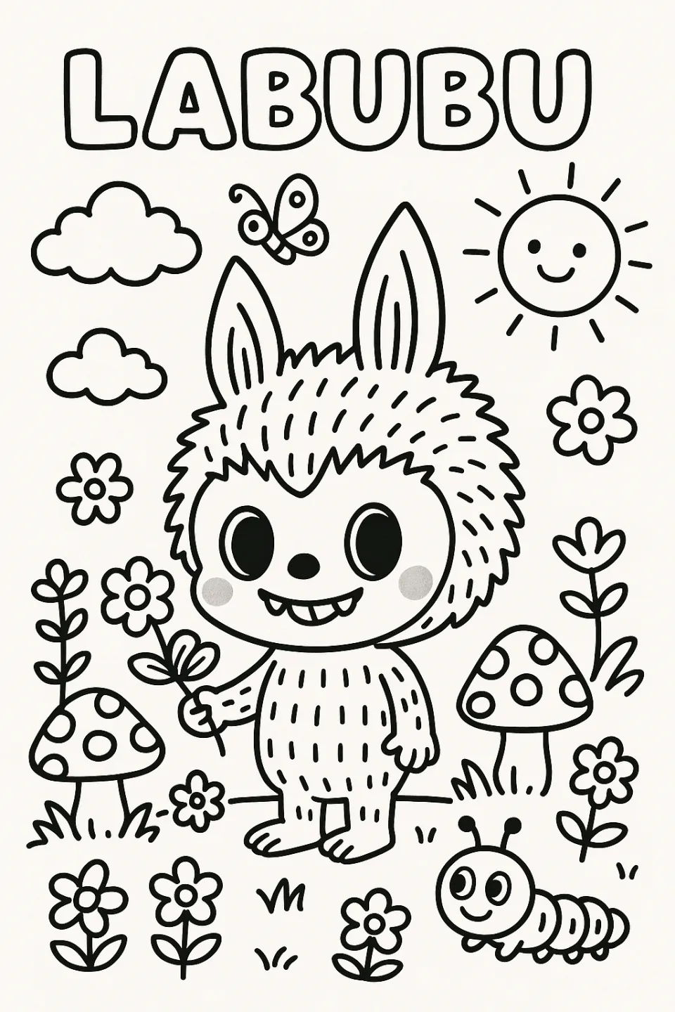Illustration of character Labubu with clouds and flowers