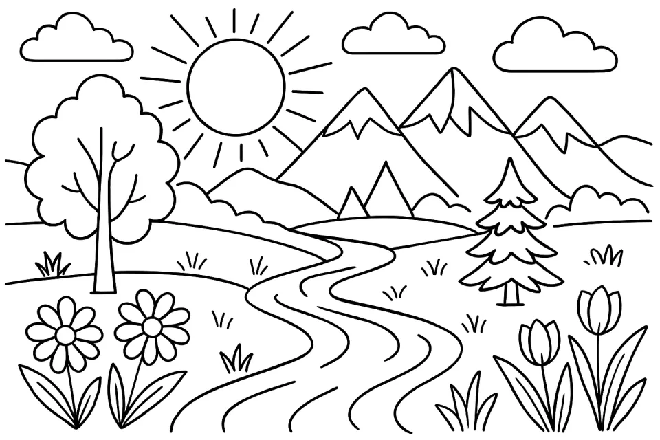 Dibujo lineal de la naturaleza con montañas, un río y flores
