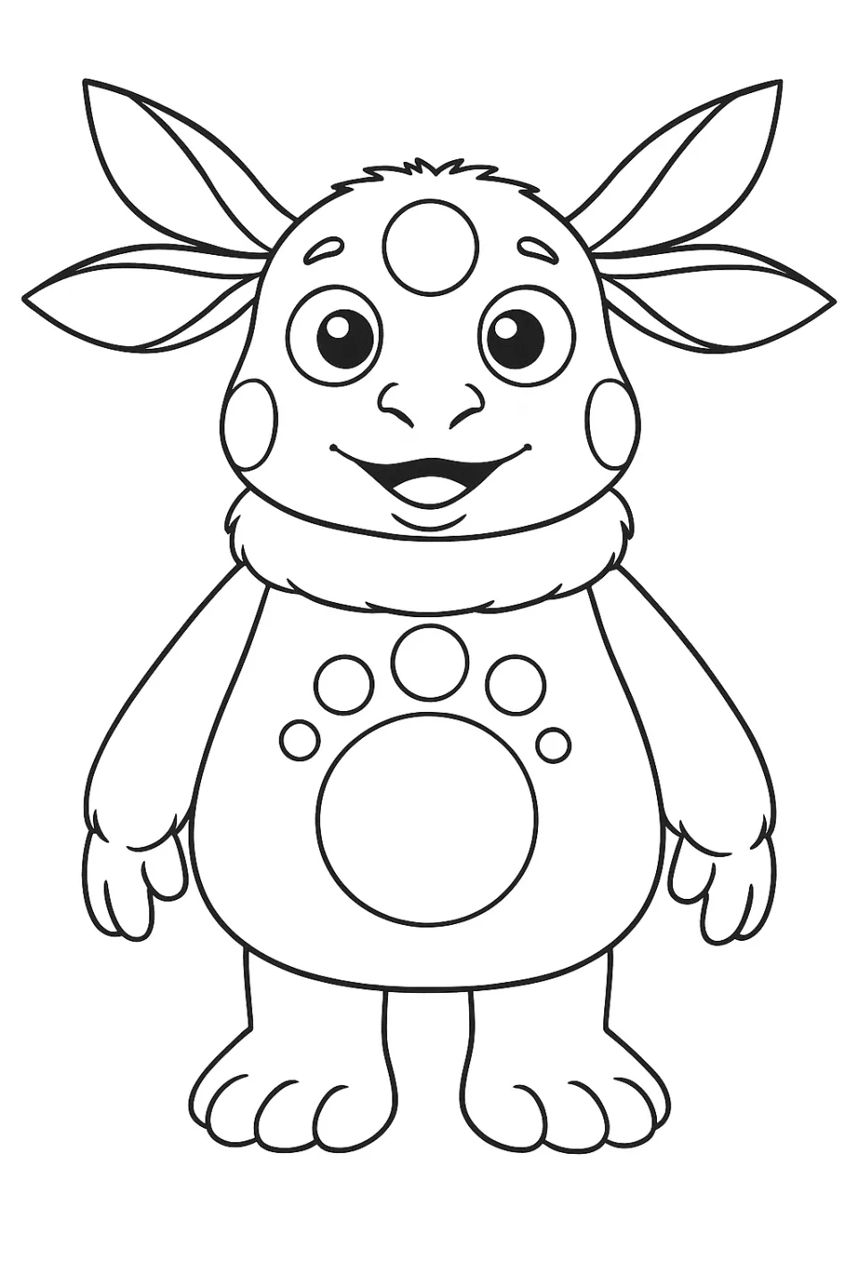 Black and white outline drawing of a funny character with ears and circles