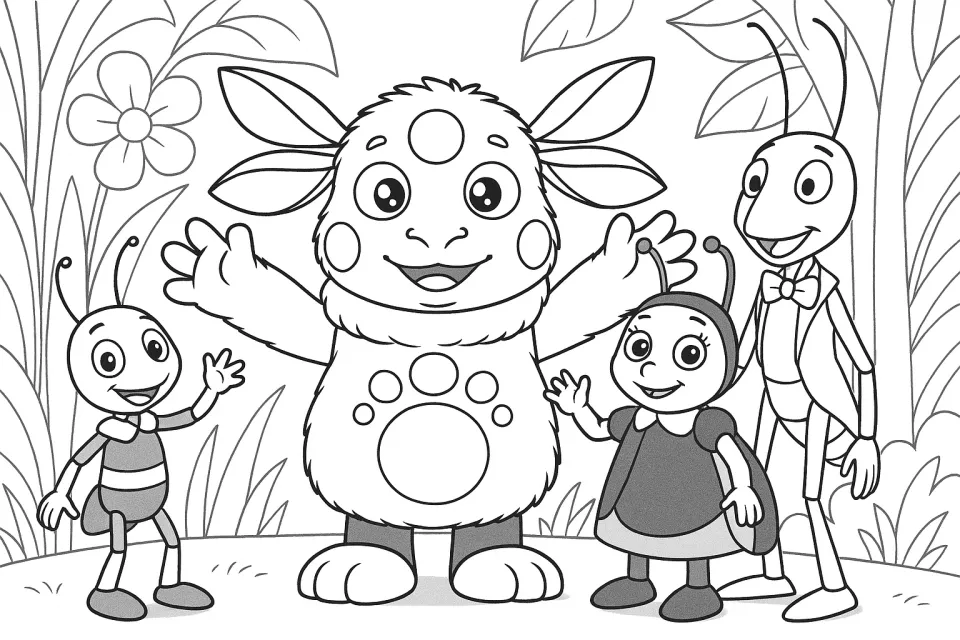 Illustration with cartoon characters against a backdrop of blooming plants