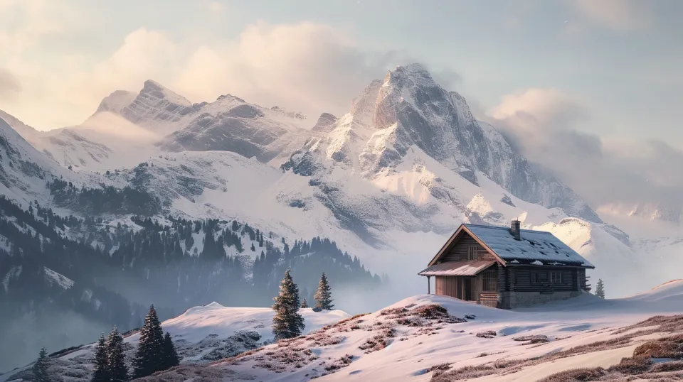 Snowy mountains and a cozy cottage against the backdrop of a winter sky