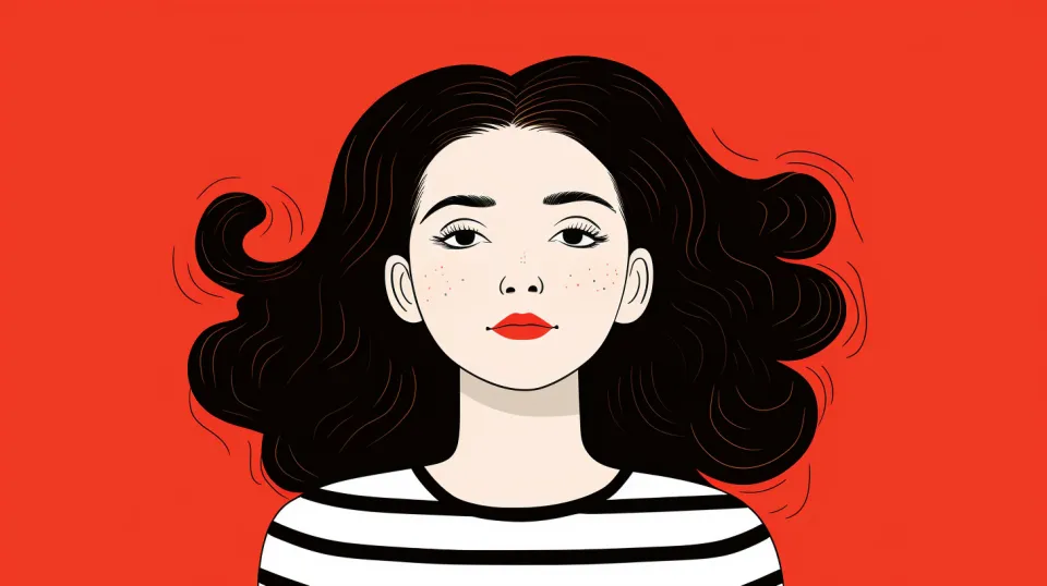 Ilustración de una mujer con cabello largo en un fondo rojo con una blusa a rayas