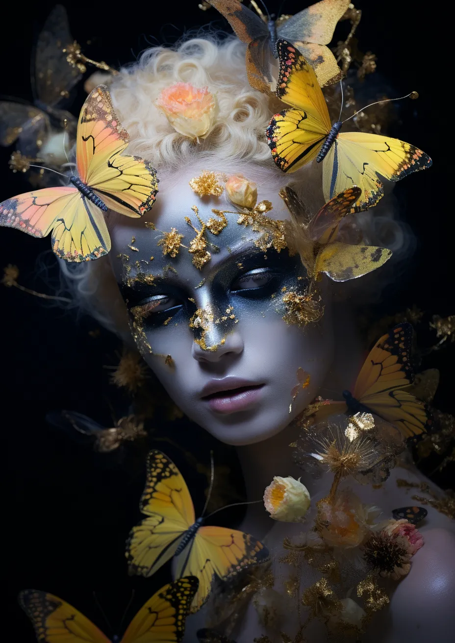 Female portrait with butterflies and golden ornaments against a dark atmosphere