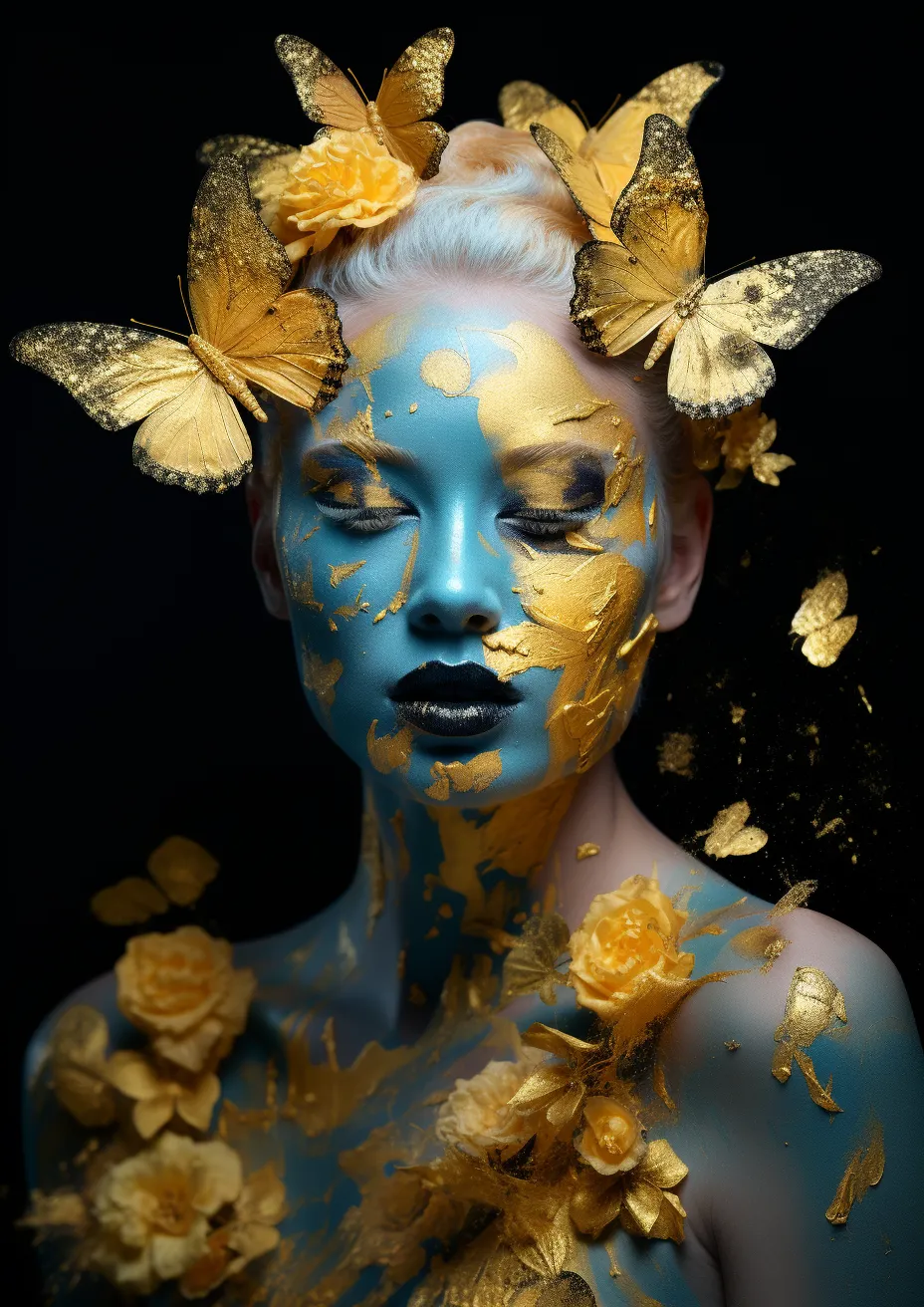 Female portrait adorned with butterflies and golden flowers